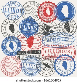 Illinois, USA Set of Stamps. Travel Passport Stamps. Made In Product. Design Seals in Old Style Insignia. Icon Clip Art Vector Collection.