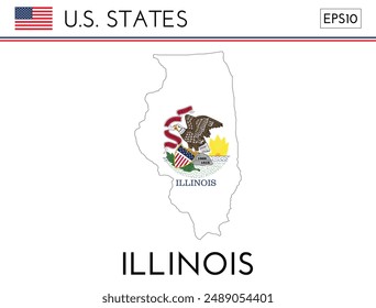 Illinois USA state map shape with flag. Map of Illinois in the Illinois flag colors. Outline map filled with its flag colors. Vector illustration.