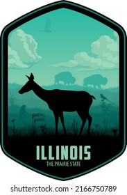 Illinois vector label with white-tailed deer, bisons, scissor-tailed Flycatcher, Prairie dog and eagle in grassland prarie