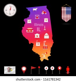 Illinois Vector Map, Night View. Compass Icon, Map Navigation Elements. Pennant Flag of the United States. Vector Flag of Illinois. Various Industries, Economic Geography Icons.