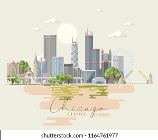 Illinois vector postcard. US state. United States of America. 