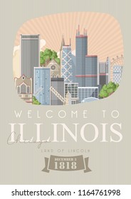 Illinois vector postcard. US state. United States of America. 