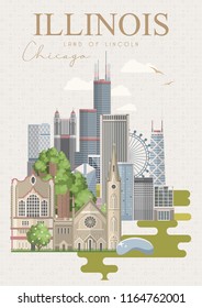 Illinois vector postcard. US state. United States of America. 