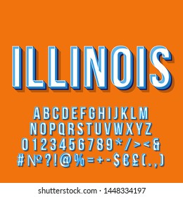 Illinois vintage 3d vector lettering. Retro bold font, typeface. Pop art stylized text. Old school style letters, numbers, symbols, elements pack. 90s, 80s poster, banner. Carrot color background