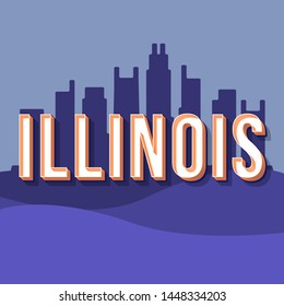 Illinois vintage 3d vector lettering. Retro bold font, typeface. Pop art stylized text. Old school style letters. 90s, 80s poster, banner, t shirt typography design. Cityscape violet color background