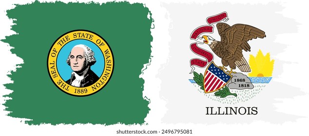 Illinois and Washington states grunge brush flags connection, vector