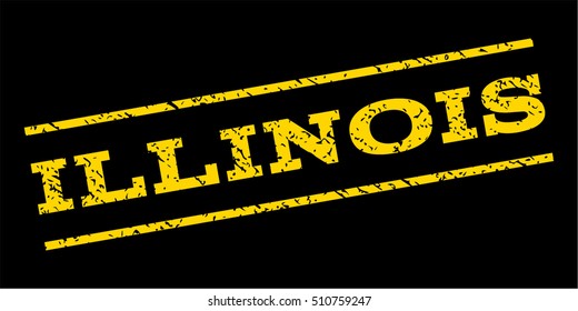 Illinois watermark stamp. Text tag between parallel lines with grunge design style. Rubber seal stamp with dust texture. Vector yellow color ink imprint on a blue background.