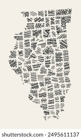 Illinois Word Cloud. State with counties division. Illinois typographic text clouds vector image design. Vintage gazette style state shape image. Creative vector illustration.