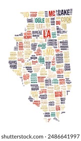 Illinois Word Cloud. State shape with county division. Illinois typography style image. County names tag clouds. Vector illustration.