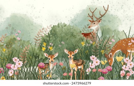 Illistrated watercolor four deers and flowers in spring. For card, greeting card. Green