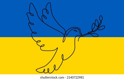 Illistration flag of ukraine blue and yellow colors and bird dove of peace with twig one line design