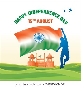 Illiustration of Indian Independence day. Boy Running with Indian Flag. Red Fort background for 15 August.