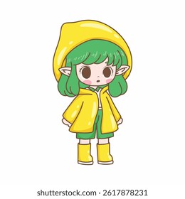 illkustration arty cute girl green hair wearing yellow rain coat and yellow boots sticker design