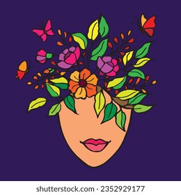 Illlustration of beauty woman with flowers on head symbol of positive mind, Illustration of mental health day