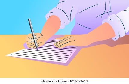 illlustration of a person holds pen and write in the blank paper with various angle .Vector isolated illustration . For article ,page ,cover ,poster ,banner ,motion graphic ,explainer video etc.