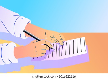 illlustration of a person holds pen and write in the blank paper with various angle .Vector isolated illustration . For article ,page ,cover ,poster ,banner ,motion graphic ,explainer video etc.