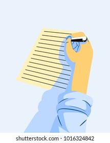 illlustration of a person holds pen and write in the blank paper with various angle .Vector isolated illustration . For article ,page ,cover ,poster ,banner ,motion graphic ,explainer video etc.