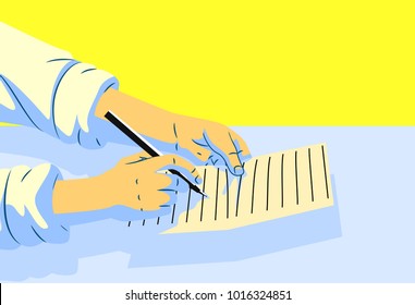illlustration of a person holds pen and write in the blank paper with various angle .Vector isolated illustration . For article ,page ,cover ,poster ,banner ,motion graphic ,explainer video etc.