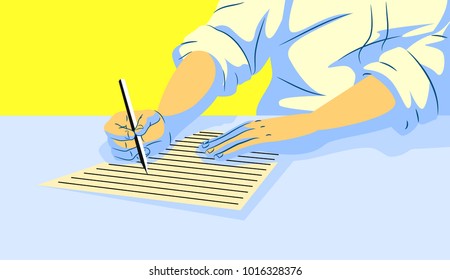illlustration of a person holds pen and write in the blank paper with various angle .Vector isolated illustration . For article ,page ,cover ,poster ,banner ,motion graphic ,explainer video etc.