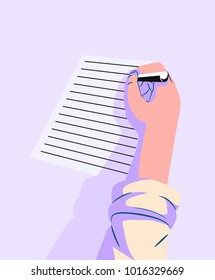illlustration of a person holds pen and write in the blank paper with various angle .Vector isolated illustration . For article ,page ,cover ,poster ,banner ,motion graphic ,explainer video etc.