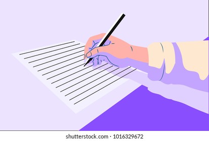 illlustration of a person holds pen and write in the blank paper with various angle .Vector isolated illustration . For article ,page ,cover ,poster ,banner ,motion graphic ,explainer video etc.