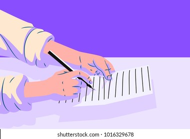 illlustration of a person holds pen and write in the blank paper with various angle .Vector isolated illustration . For article ,page ,cover ,poster ,banner ,motion graphic ,explainer video etc.