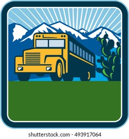 Illlustration of a school bus viewed from front with cactus, mountains and sunburst in the background set inside square shape done in retro style.