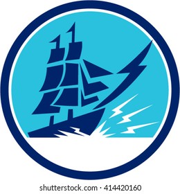 Illlustration of a tall sailing galleon ship with lightning bolt on bow viewed from the side set inside circle done in retro style. 