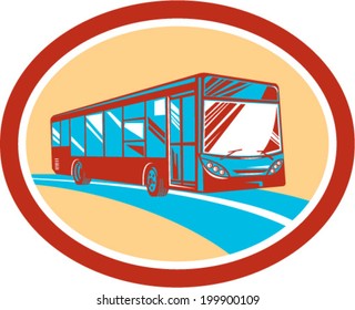 Illlustration of a tourist coach bus shuttle viewed front set inside oval done in retro style on isolated background.