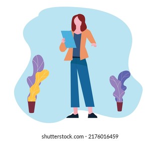 illlustration of a woman reading a script or speech