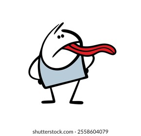 Ill-mannered child shows a long tongue. Vector illustration of a boy teasing children. An arrogant character, a self-confident man. Isolated caricature stickman on white background.