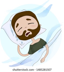 illness, cold, flu.  the young man got sick.  runny nose, tears.