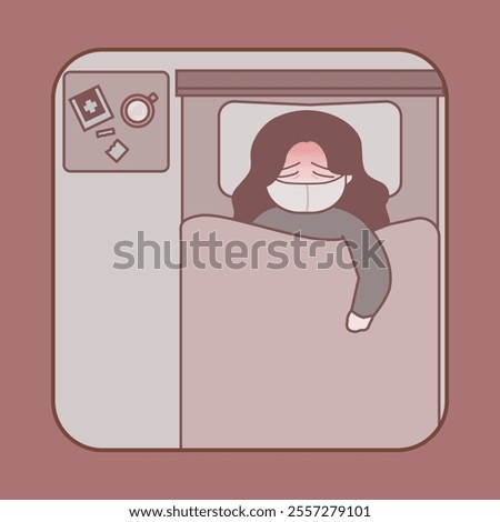 Illness, cold, sick person lying in bed illustration