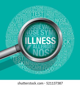 Illness concept with magnifying glass, vector illustration
