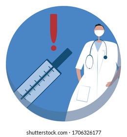 Illness or fever on a thermometer and a docto in a white coat with a stethoscope as a concept of flu or infection. Flat vector stock illustration about healthcare in a circle as emblem or icon