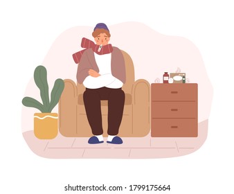 Illness guy sit on armchair with thermometer in mouth vector flat illustration. Male in scarf with fever or cold disease having influenza symptoms isolated. Man shivering with seasonal sickness