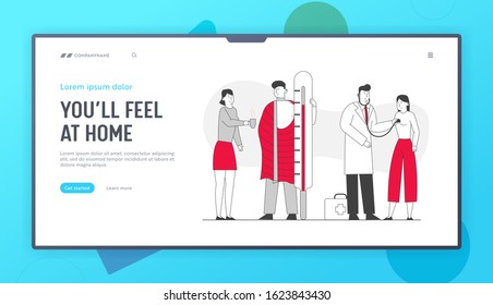 Illness, Health Care Website Landing Page. Patients Man and Woman Visit Clinic or Hospital for Doctor Appointment. Sick People Get Treatment Web Page Banner. Cartoon Flat Vector Illustration, Line Art