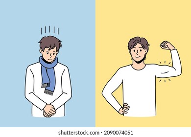 Illness or healthy stay concept. Sad depressed sick ill man having fever standing opposite healthy positive showing biceps young boy vector illustration