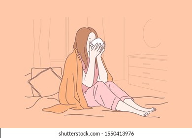 Illness, home treatment, winter concept. Young girl with warm teacup, coffee cup, wrapping up in blanket, sick woman in bed, drinking remedy, taking medication. Simple flat vector