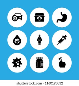 illness icon. 9 illness set with stomach, pain, health and medicine vector icons for web and mobile app