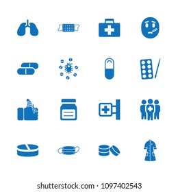 Illness icon. collection of 16 illness filled icons such as paints, first aid kit, medical cross, lungs, pill, injured finger. editable illness icons for web and mobile.