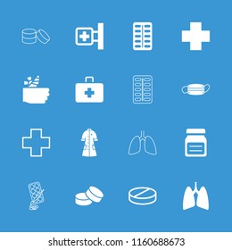 Illness icon. collection of 16 illness filled and outline icons such as medical cross, nurse gown, lungs, medical mask, pill. editable illness icons for web and mobile.