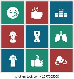 Illness icon. collection of 9 illness filled icons such as sick emot, pill, injured finger, nurse gown, lungs, ribbon. editable illness icons for web and mobile.
