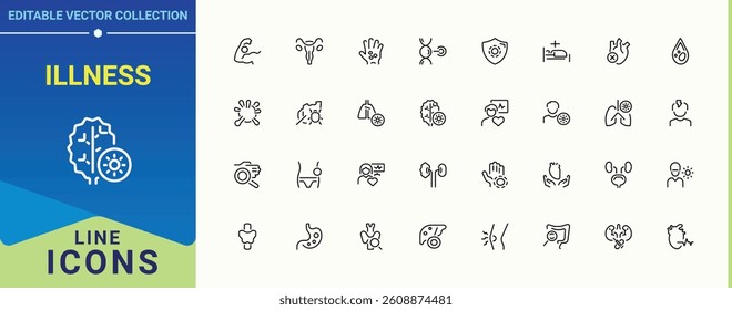 Illness icon collection. Featuring flu, symptom, pain, health, treatment and more. Disease vector line icon set. Line icons with editable stroke. Pixel perfect. Vector illustration.