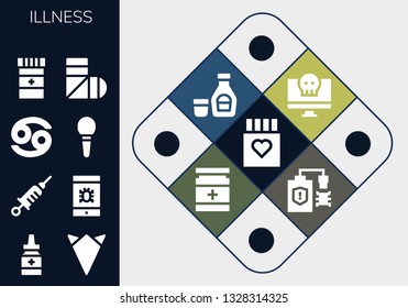 illness icon set. 13 filled illness icons.  Collection Of - Drug, Medicine, Handkerchief, Vaccine, Virus, Cancer, Enema, Sling, Syrup