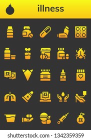 illness icon set. 26 filled illness icons.  Simple modern icons about  - Syrup, Attack, Pills, Pill, Inhaler, Effervescent, Virus, Handkerchief, Medicine, Drug, Lungs, Ointment