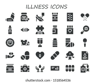 illness icon set. 30 filled illness icons.  Collection Of - Inhaler, Pills, Blood donation, Medicine, Fatigue, Autism, Drug, Virus, Bacteria, Oxygen mask, Syrup, Sling, Enema icons