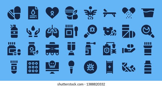 illness icon set. 32 filled illness icons. on blue background style Simple modern icons about  - Pills, Medicine, Blood test, Blood donation, Drugs, Cancer, Lungs, Walker, Virus
