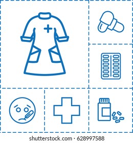 Illness Icon. Set Of 6 Illness Outline Icons Such As Pill, Medicine, Nurse Gown, Medical Cross