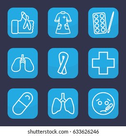 Illness icon. set of 9 outline illness icons such as paints, ribbon, lungs, pill, injured finger, nurse gown, medical cross